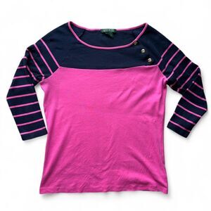 y2K VTG Lauren Ralph Lauren Navy Pink Boatneck Cotton 3/4 Sleeve Top sz L